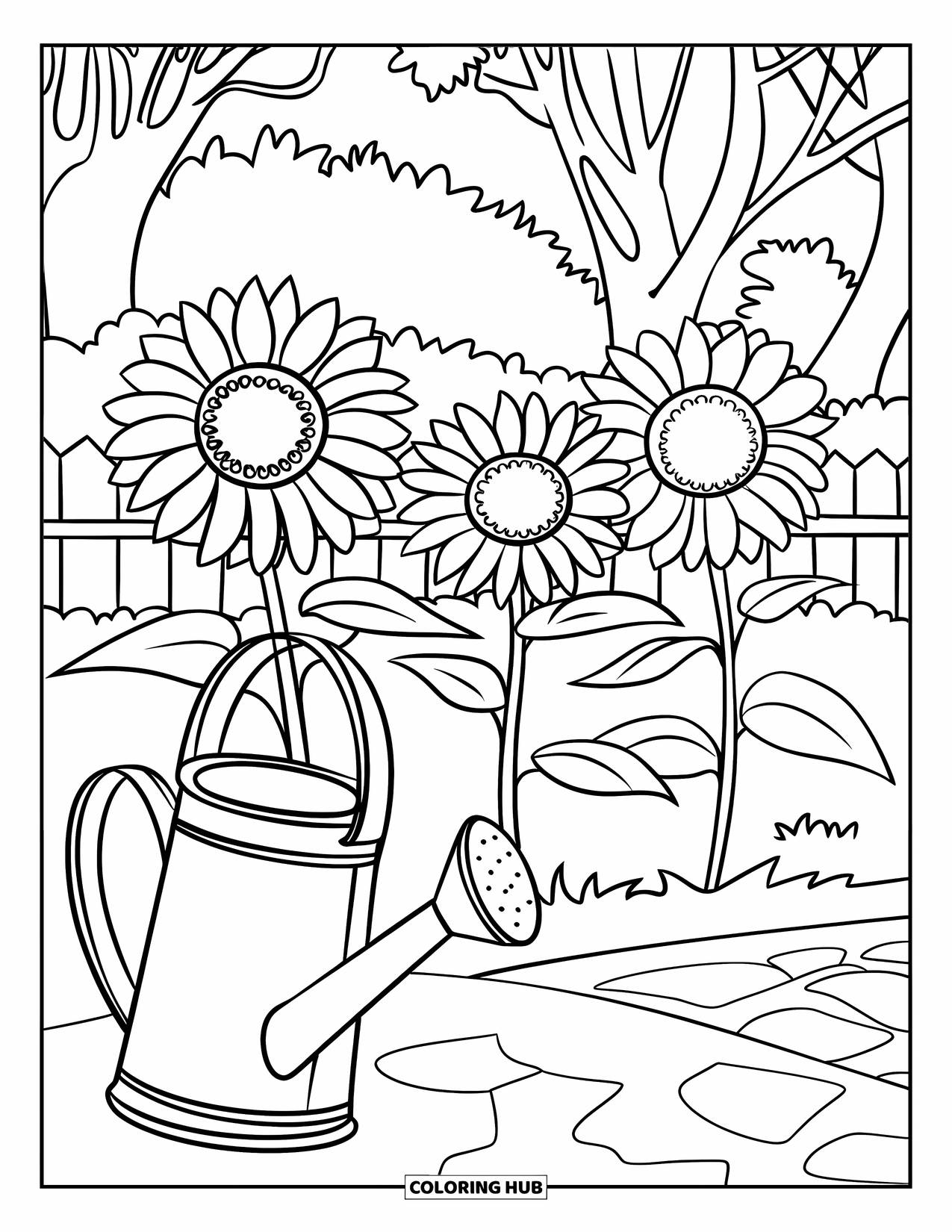 August Coloring Page for Kids: Garden path with blooming sunflowers and a watering can