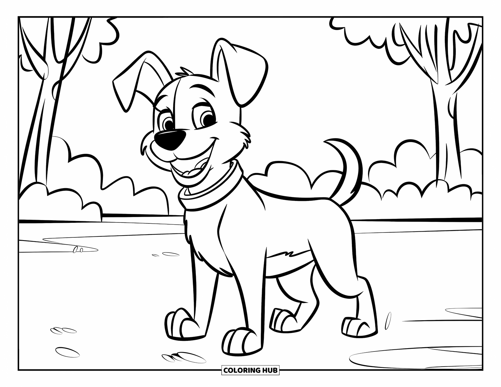 August Coloring Page for Kids: Happy dog wearing a collar standing in a quiet park