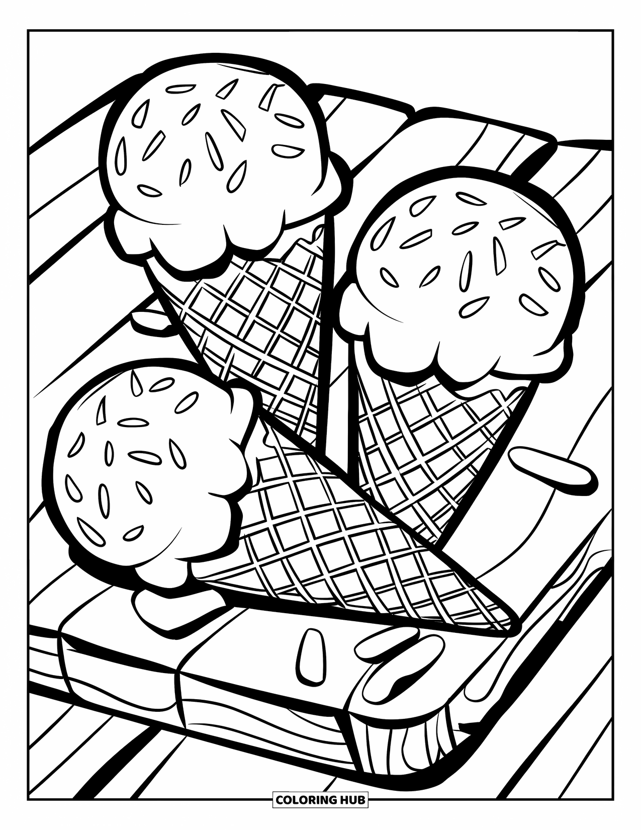 August Coloring Page for Kids: Ice cream cones with sprinkles on a wooden board