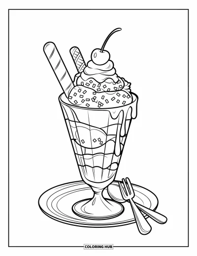 August Coloring Page for Kids: Ice cream sundae with toppings and utensils on a plate