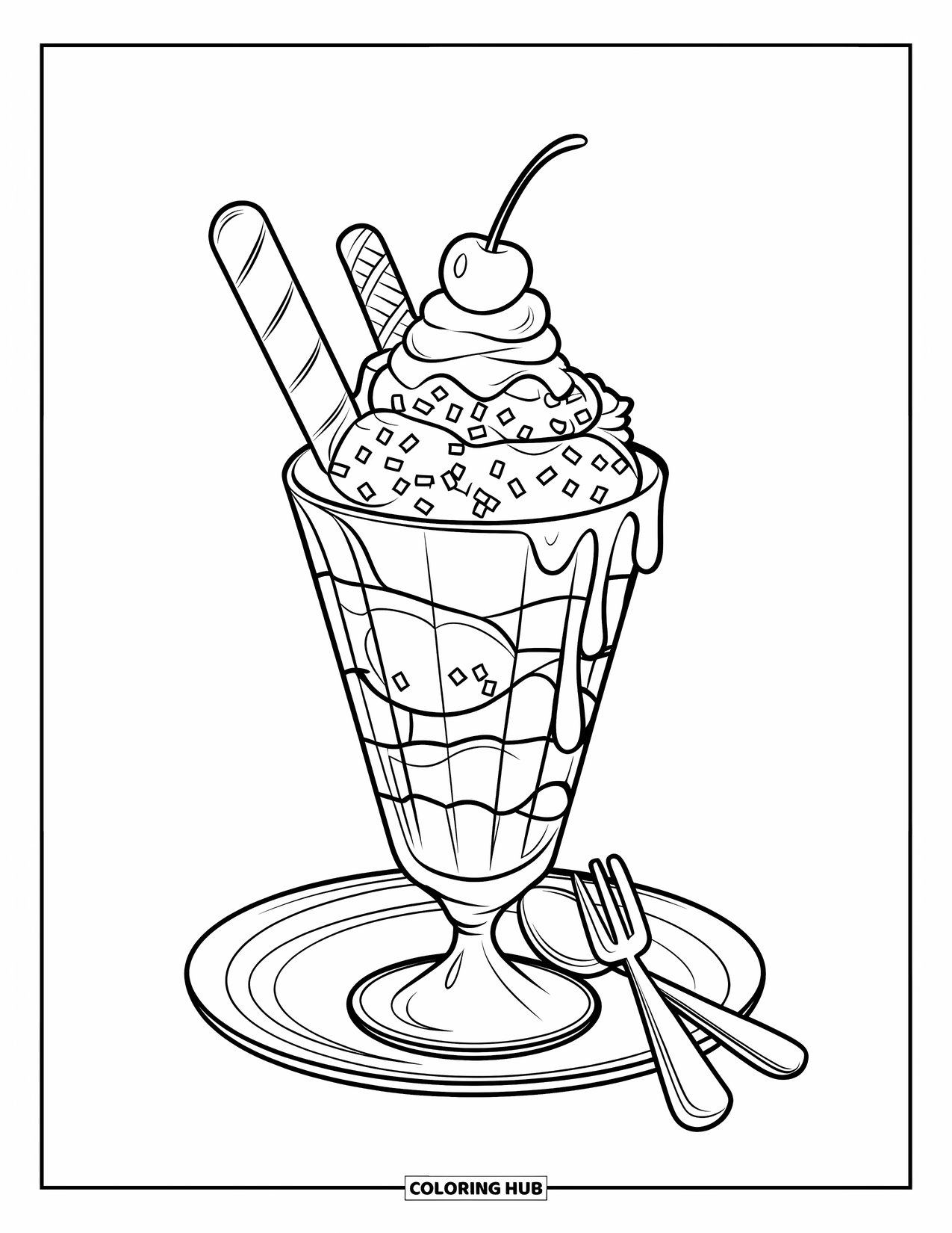 August Coloring Page for Kids: Ice cream sundae with toppings and utensils on a plate