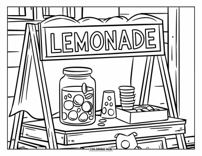 August Coloring Page for Kids: Lemonade stand with cups, coins, and a wooden sign