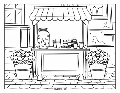 August Coloring Page for Kids: Lemonade stand with flowers, coins, and a jar on a brick path