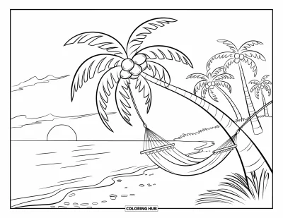 August Coloring Page for Kids: Palm trees and hammock at the beach with sunset skies