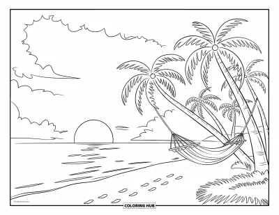 August Coloring Page for Kids: Palm trees and hammock by the beach at sunset