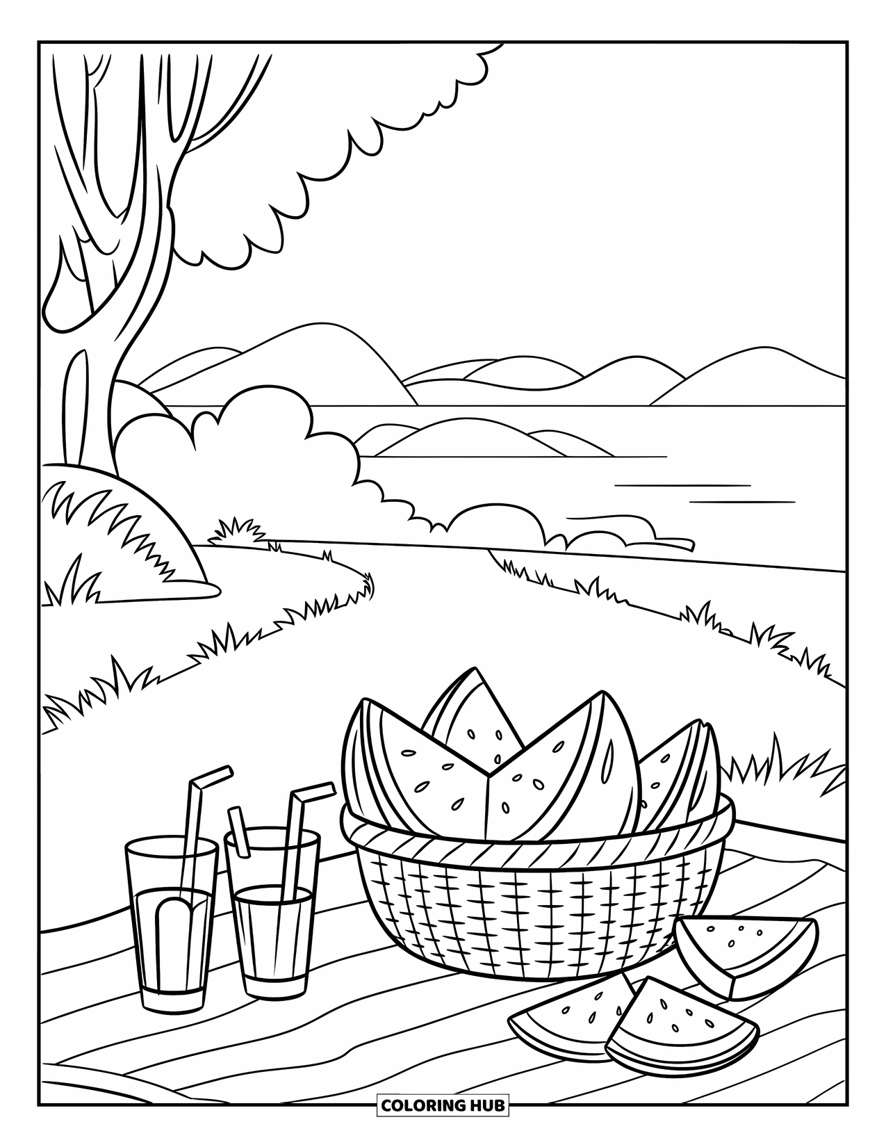 August Coloring Page for Kids: Picnic with watermelon, drinks, and a view of water and hills