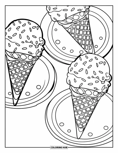 August Coloring Page for Kids: Plates of ice cream cones with sprinkles and bold outlines