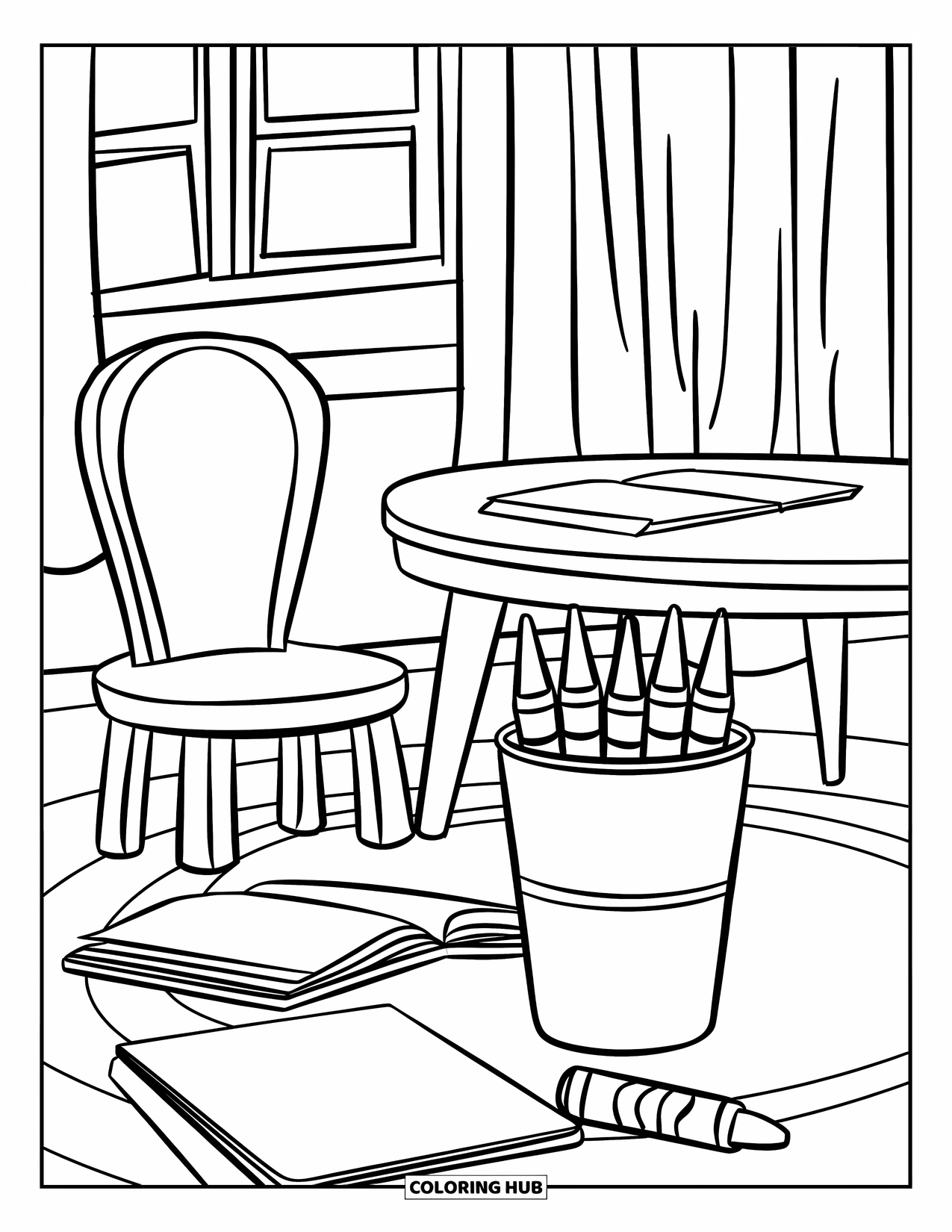 August Coloring Page for Kids: Room with a table, crayons, and an open notebook
