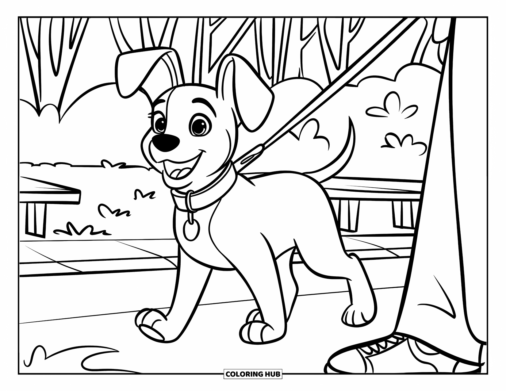 August Coloring Page for Kids: Smiling dog on a leash walking through a sunny park