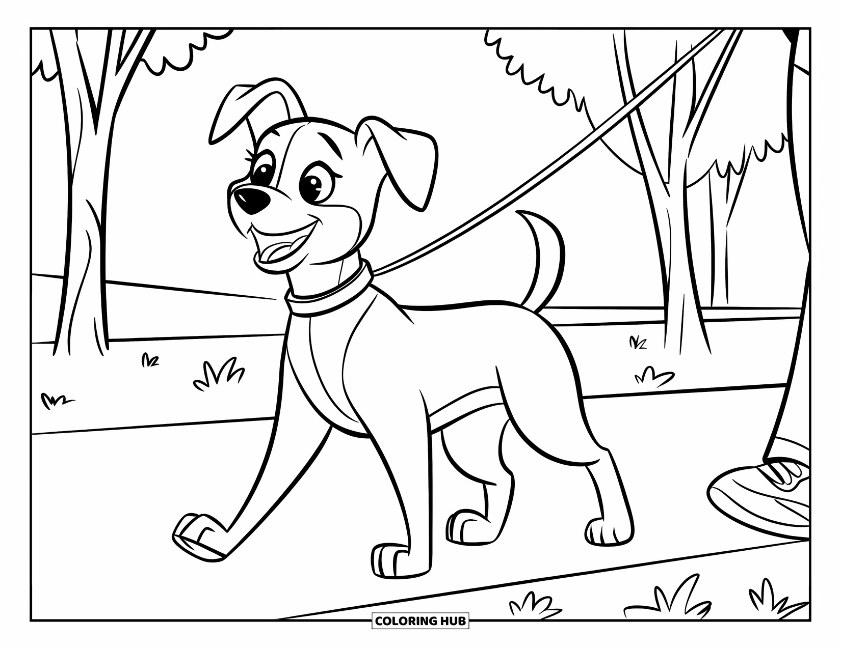 August Coloring Page for Kids: Smiling dog walking on a leash near trees and a path