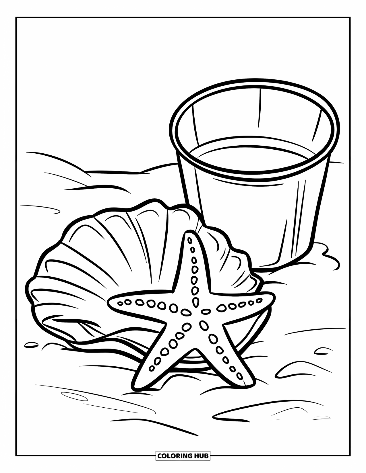 August Coloring Page for Kids: Starfish and shell next to a pail on soft sand