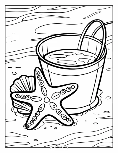 August Coloring Page for Kids: Starfish, seashell, and pail resting in beach sand