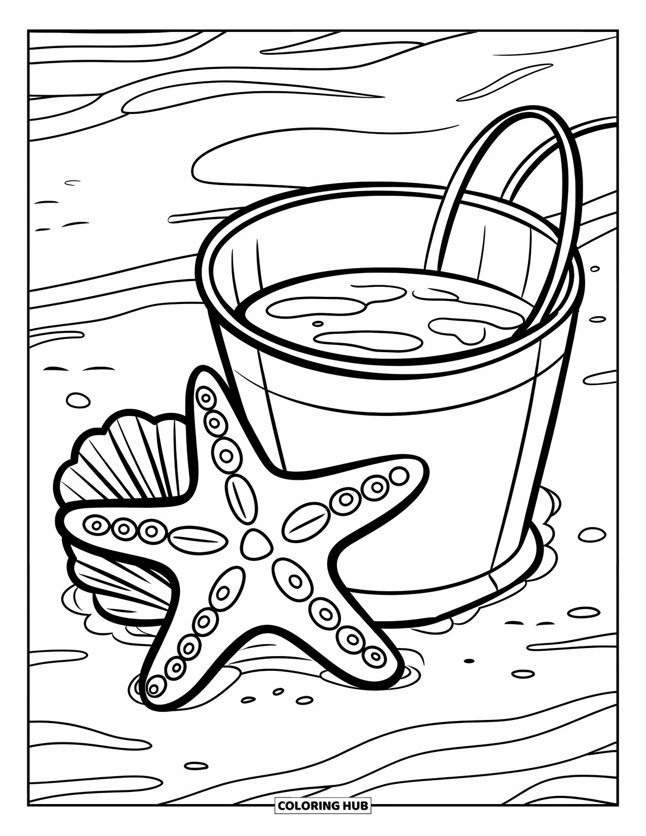 August Coloring Page for Kids: Starfish, seashell, and pail resting in beach sand