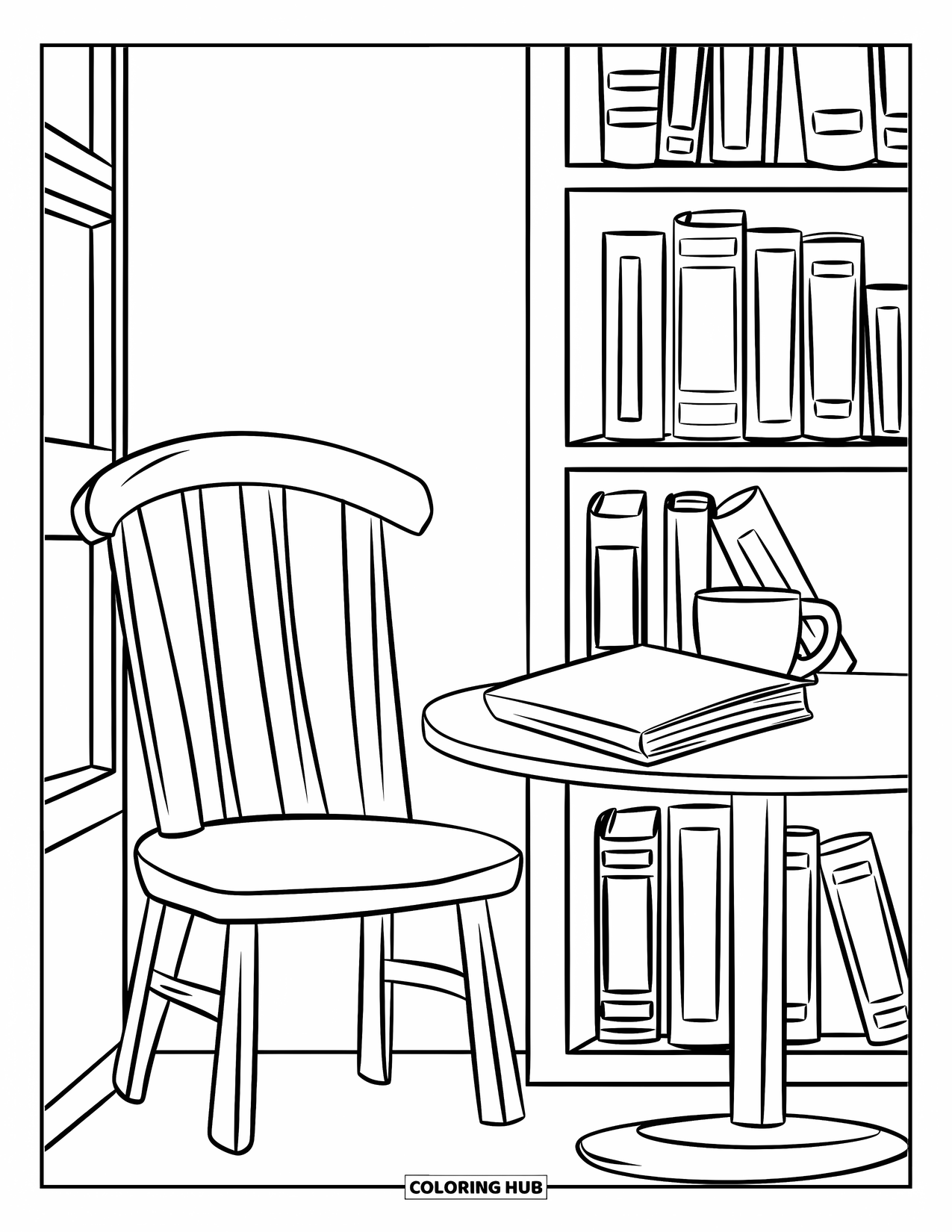 August Coloring Page for Kids: Study nook with books, a notebook, and a comfy chair