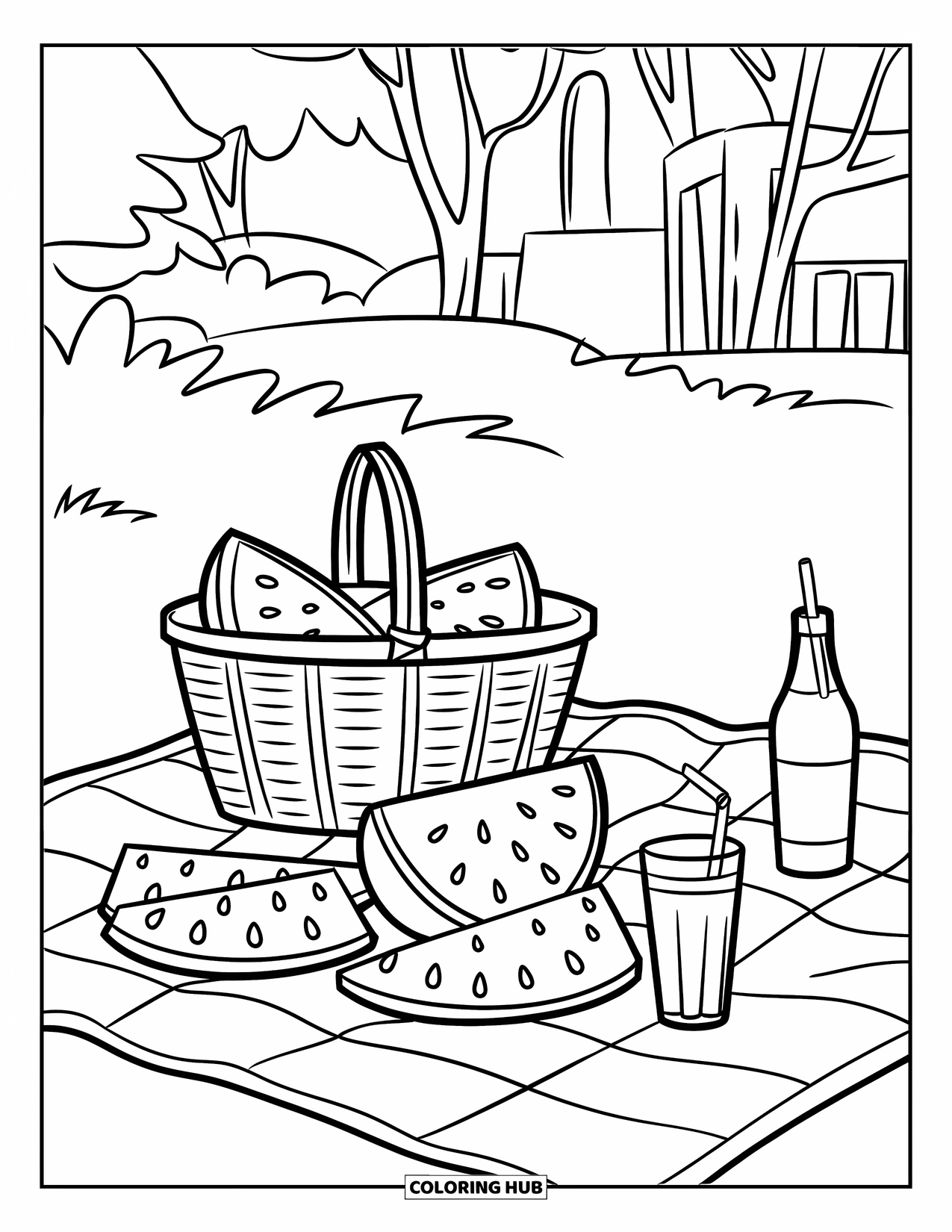August Coloring Page for Kids: Summer picnic with watermelon slices, basket, and drinks