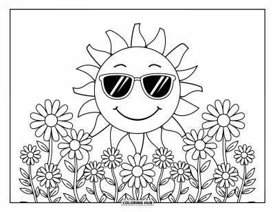 August Coloring Page for Kids: Sun with shades smiling above a circle of daisies
