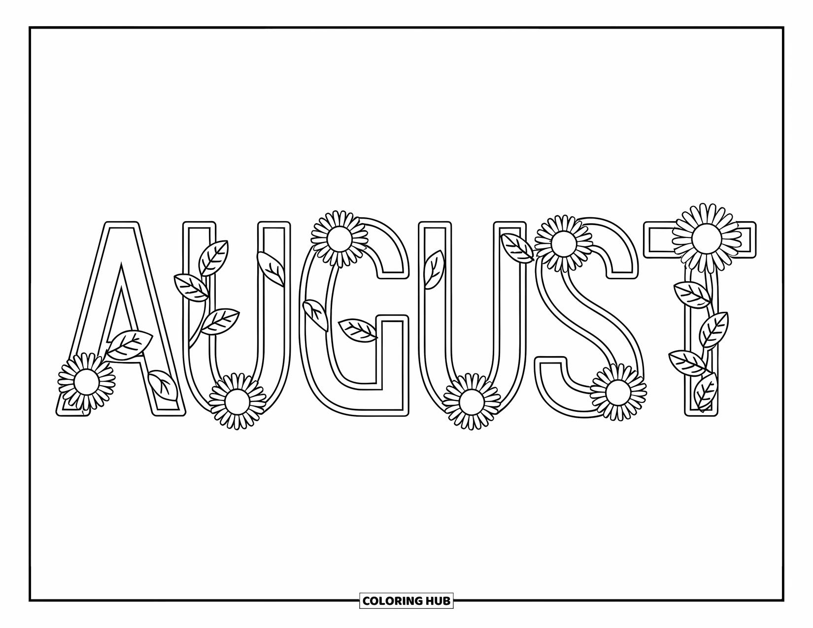 August Coloring Page for Kids: Sunflower petals and leaves form the word August
