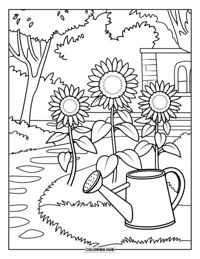 August Coloring Page for Kids: Sunflowers and a watering can in a garden near trees