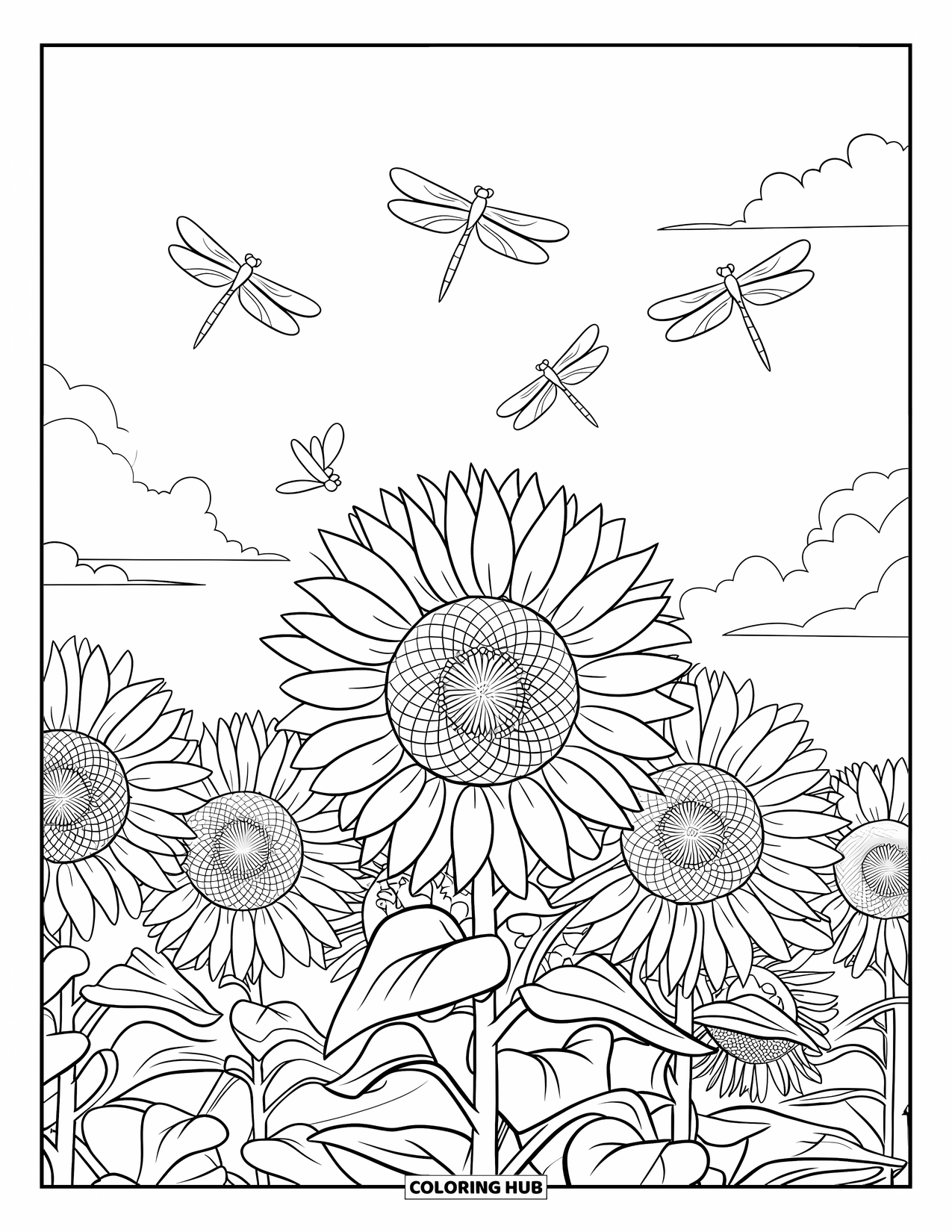 August Coloring Page for Kids: Sunflowers and dragonflies in a peaceful open field