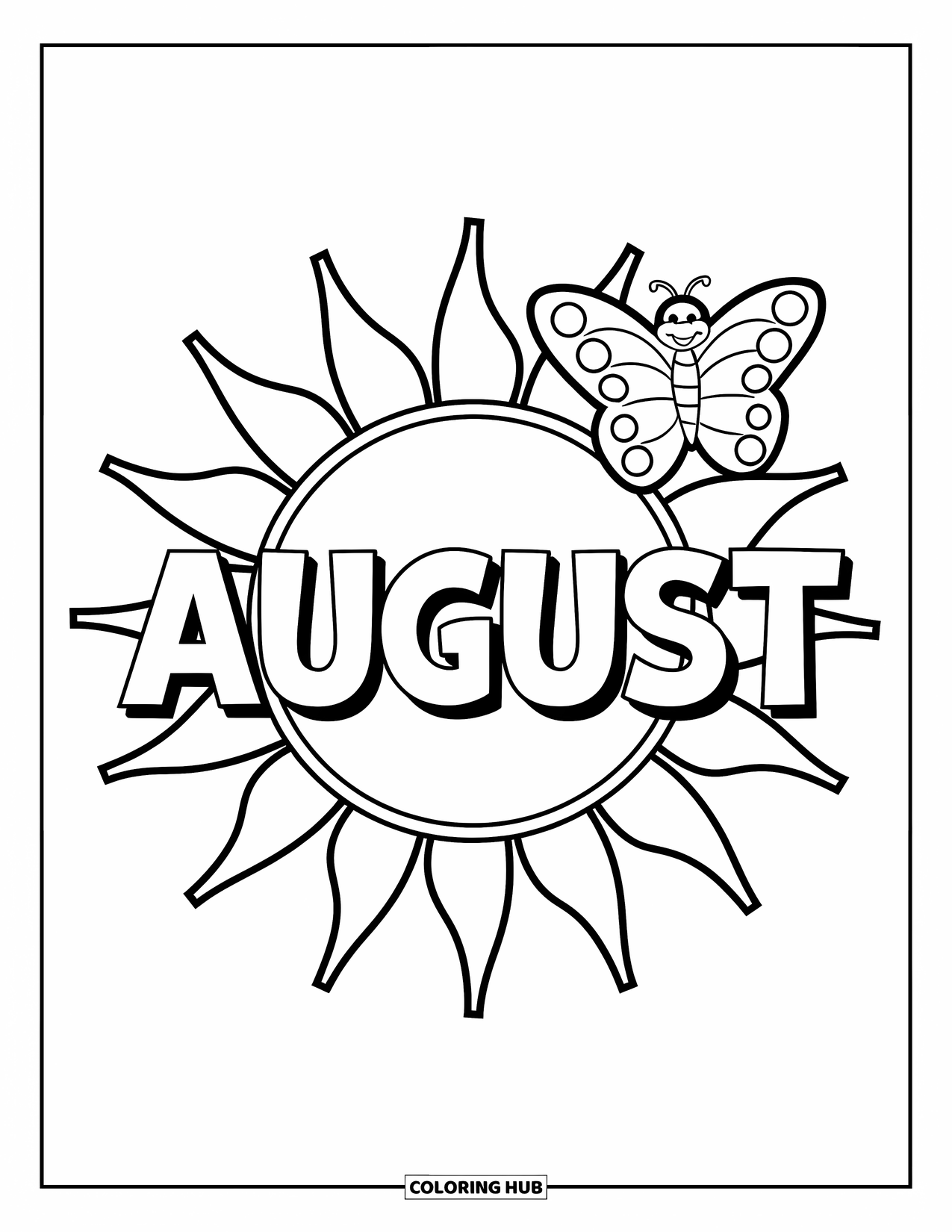 August Coloring Page for Kids: Sunny August letters with butterfly and bright sun rays