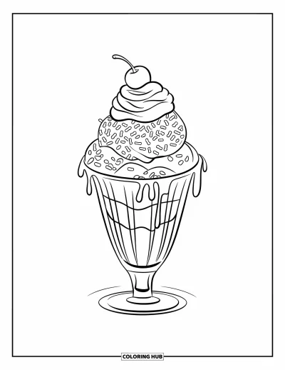 August Coloring Page for Kids: Tall glass sundae with scoops, sprinkles, and toppings