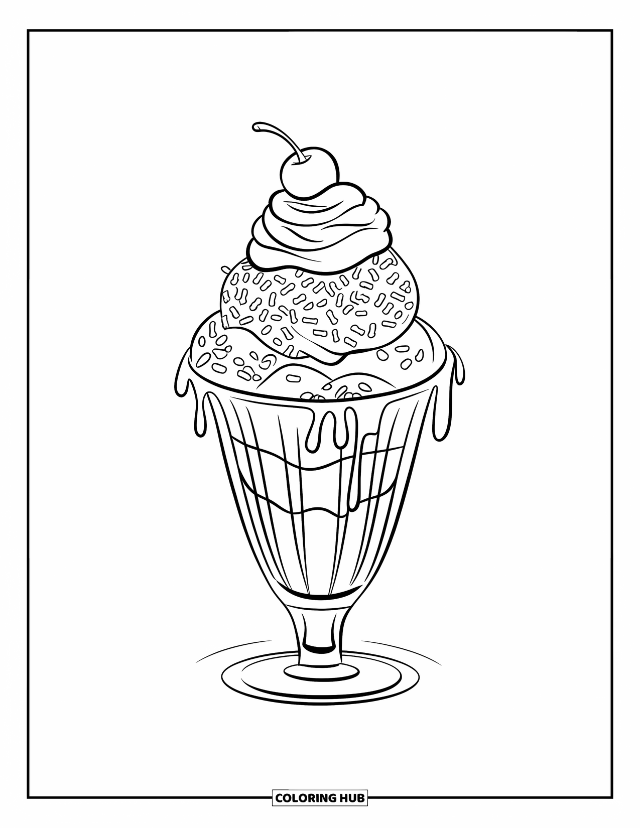 August Coloring Page for Kids: Tall glass sundae with scoops, sprinkles, and toppings