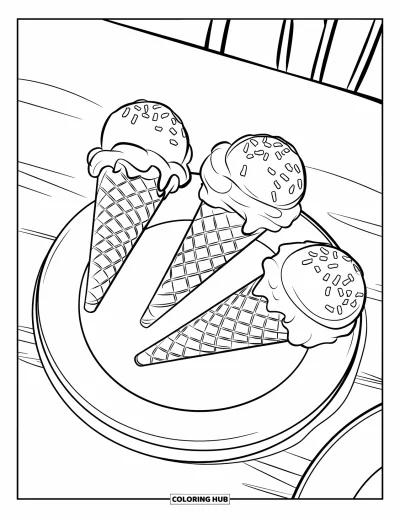 August Coloring Page for Kids: Three ice cream cones with sprinkles on a white plate