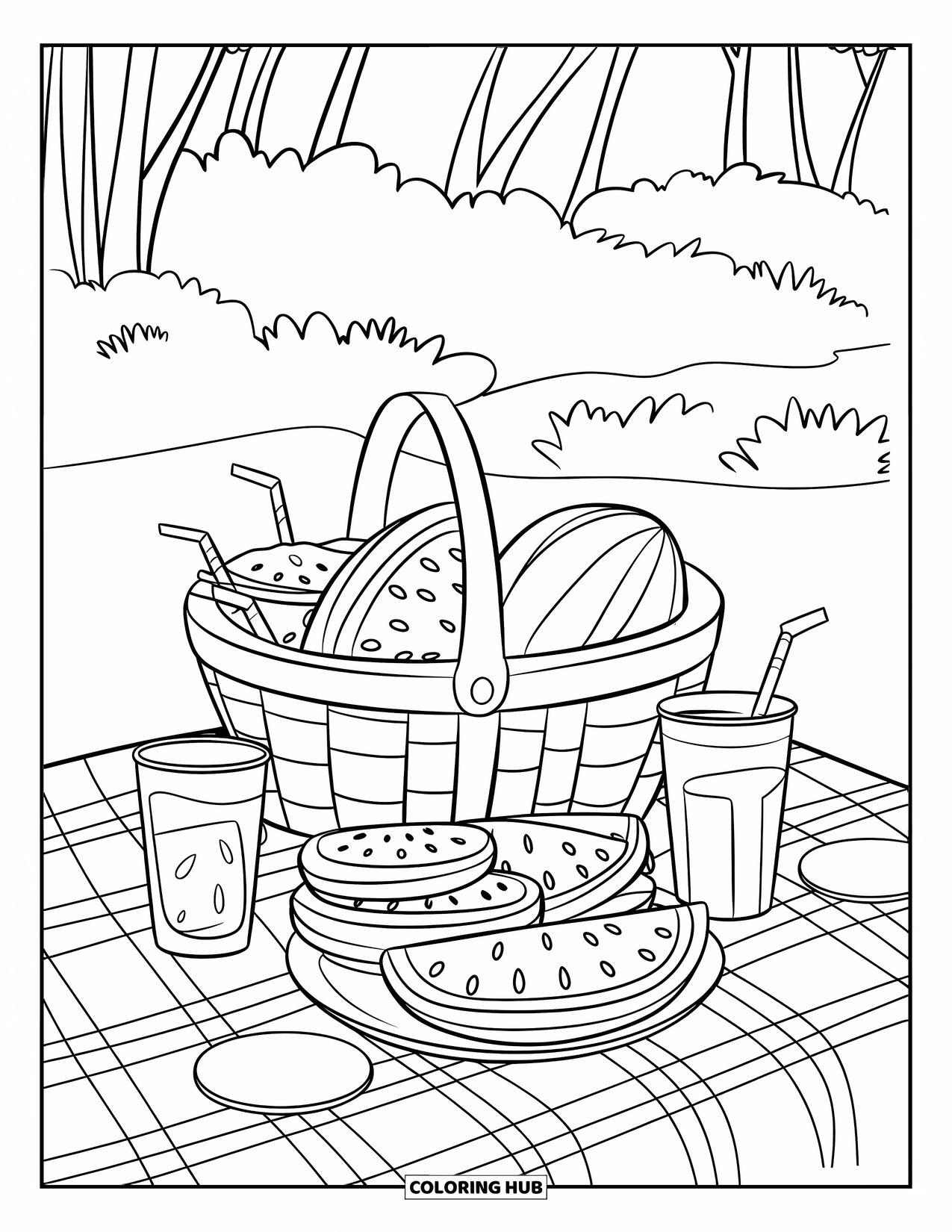 August Coloring Page for Kids: Watermelon picnic basket on a checkered blanket under trees