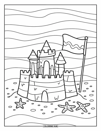 August Coloring Page for Kids: Wet sandcastle with starfish and simple patterned flag