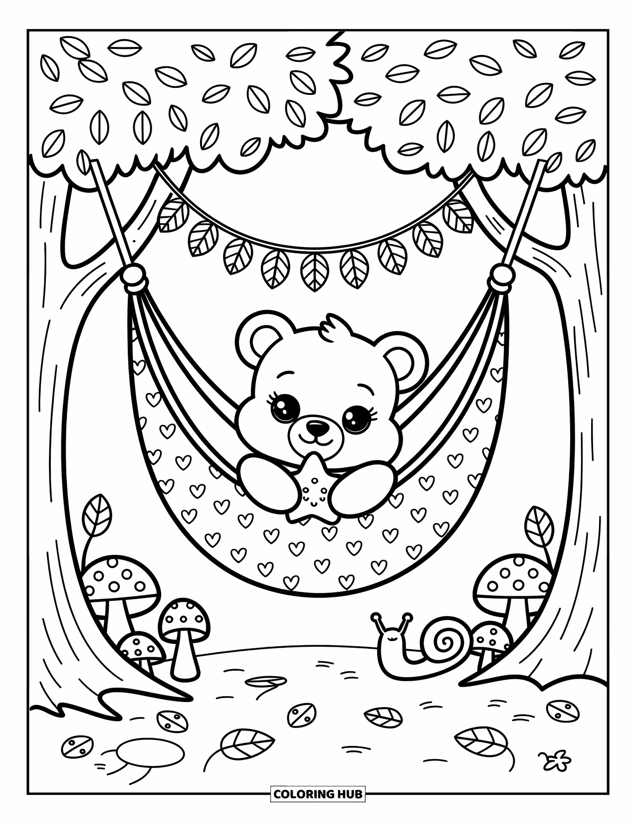 Baby Bear Coloring Page for Adults: A baby bear cuddles a plush star while swinging in a woodland hammock