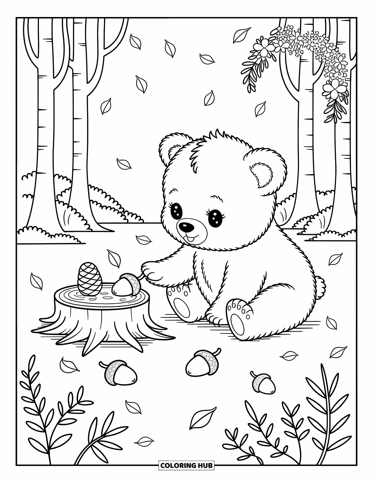 Baby Bear Coloring Page for Adults: A baby bear curiously plays with a rolling acorn near a tree stump and leaves