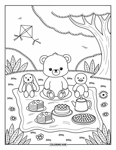 Bärenbaby-Ausmalbild für Erwachsene: Ein Bärenbaby macht ein Picknick auf einer Decke mit Plüschtieren und Süßigkeiten