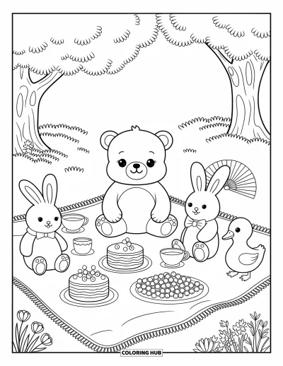 Bärenbaby-Ausmalbild für Erwachsene: Ein Bärenbaby trinkt Tee und isst Kuchen mit einem Hasen- und einem Entchen-Plüschtier