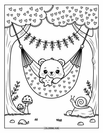 Bärenbaby-Ausmalbild für Erwachsene: Ein Bärenbaby schläft in einer Hängematte und hält einen Plüschstern, eine Pfote baumelt herab