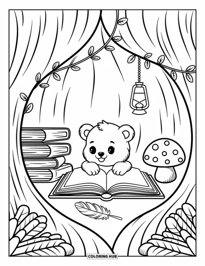 Bärenbaby-Ausmalbild für Erwachsene: Ein Bärenbaby lugt über ein aufgeschlagenes Buch in einer Baumhöhle