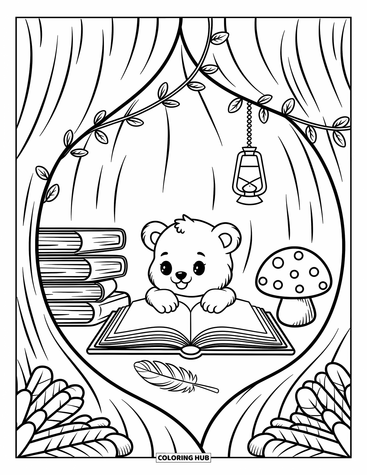 Baby Bear Coloring Page for Adults: A baby bear peeks over an open book inside a hollow tree nook