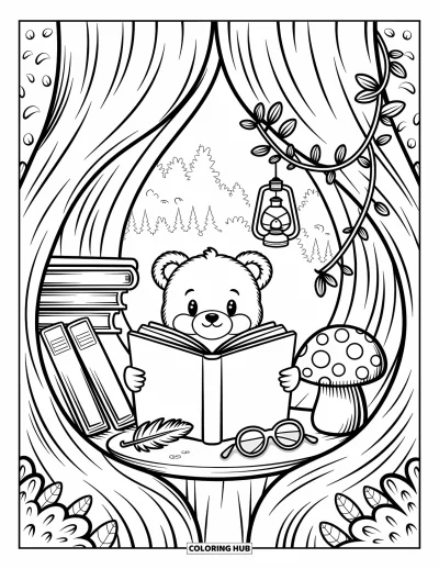 Bärenbaby-Ausmalbild für Erwachsene: Ein Bärenbaby lugt über ein Buch in einer Baumhöhle mit einem Federbuchzeichen