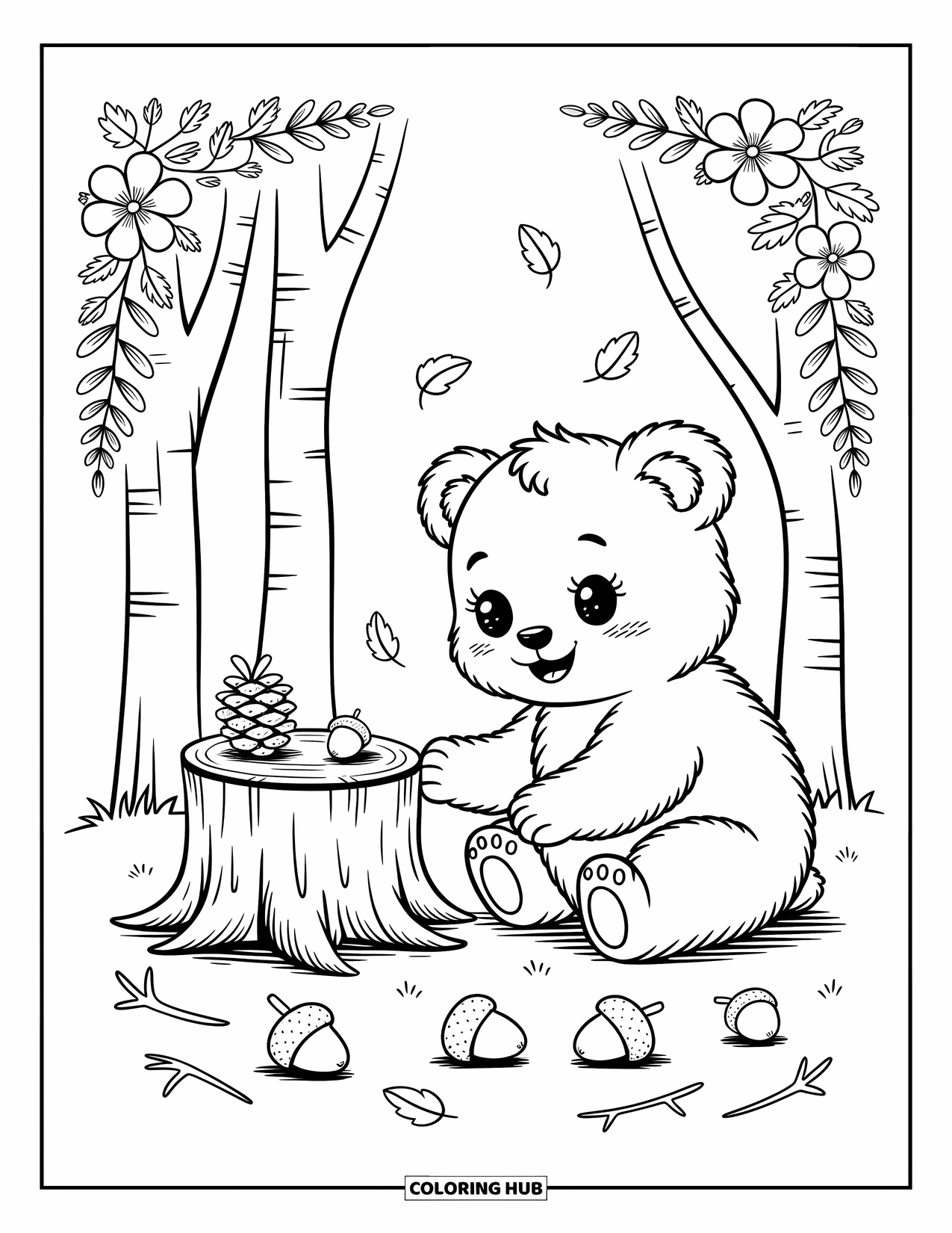 Baby Bear Coloring Page for Adults: A baby bear reaches toward an acorn as flowers and ferns frame the scene