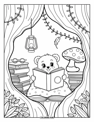 Bärenbaby-Ausmalbild für Erwachsene: Ein Bärenbaby liest in einem Baumstamm mit Büchern, Laterne und einem Pilz als Sitz