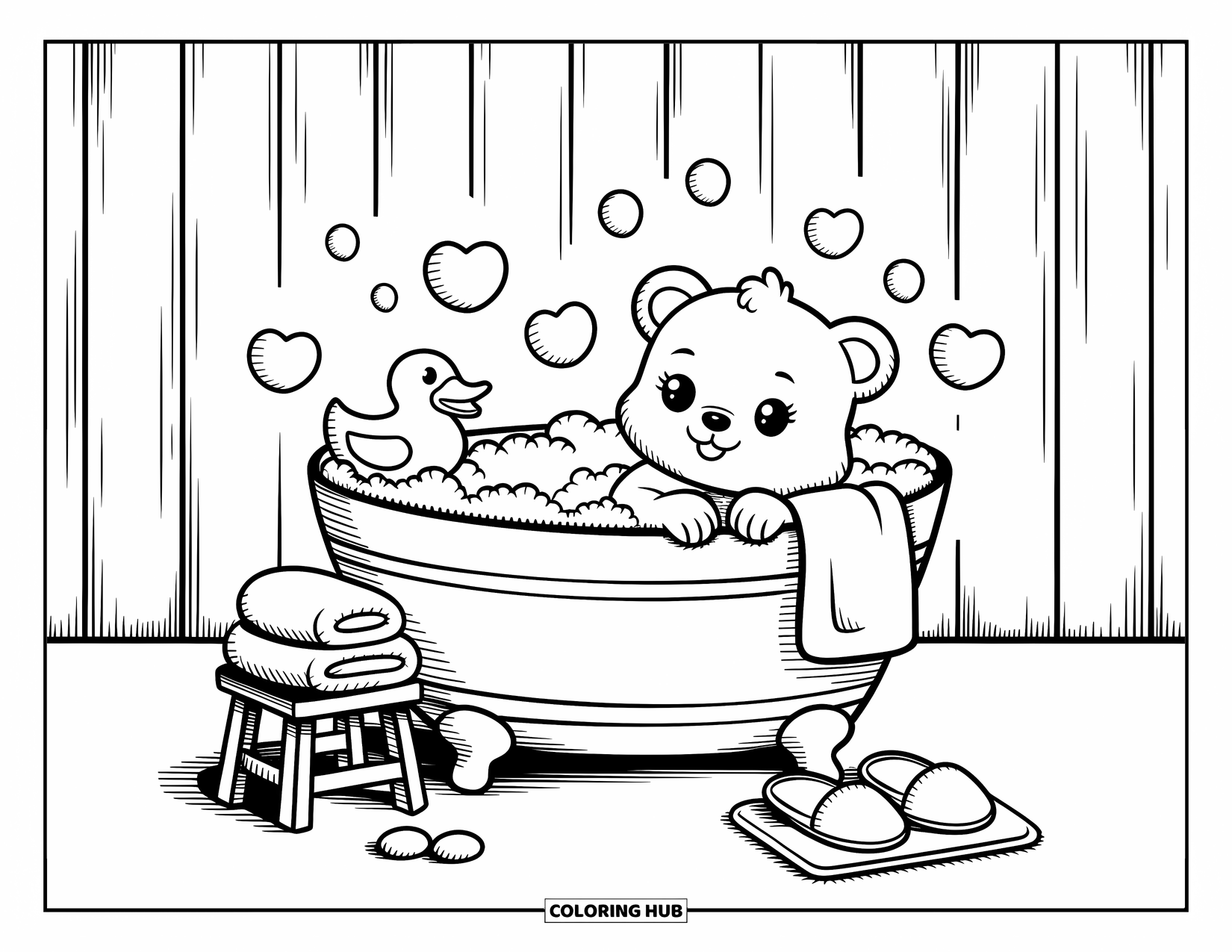Baby Bear Coloring Page for Adults: A baby bear relaxes in a wooden tub full of bubbles with a rubber duck