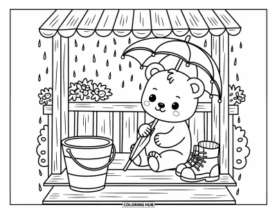Bärenbaby-Ausmalbild für Erwachsene: Ein Bärenbaby ruht auf einer Veranda und hält einen geschlossenen Regenschirm, während Regen einen Eimer füllt