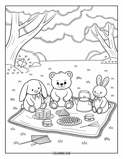 Bärenbaby-Ausmalbild für Erwachsene: Ein Bärenbaby sitzt auf einer Decke mit Kuchen, Beeren und Plüschfreunden