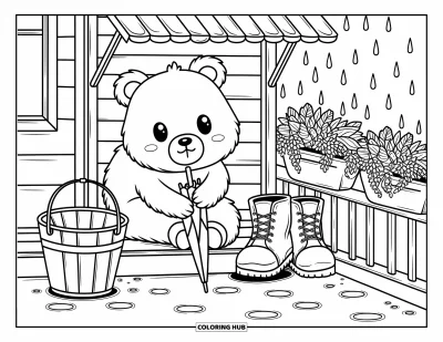 Bärenbaby-Ausmalbild für Erwachsene: Ein Bärenbaby sitzt auf einer Veranda und hält einen kleinen Regenschirm, Stiefel in der Nähe