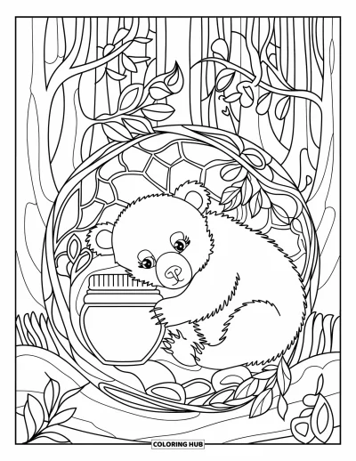 Bärenbaby-Ausmalbild für Erwachsene: Bärenbaby mit Honigglas, eingerahmt von Buntglas-Walddetails