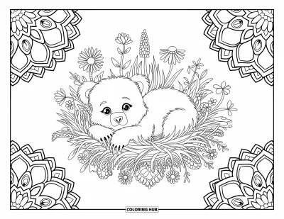 Bärenbaby-Ausmalbild für Erwachsene: Bärenbaby in einem Kleenest, eingerahmt von Mandala-Mustern und belaubten Designs
