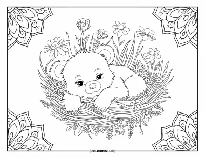 Bärenbaby-Ausmalbild für Erwachsene: Bärenbaby eingebettet in Wildblumen und Klee, umgeben von Mandala-Mustern