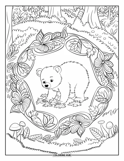 Bärenbaby-Ausmalbild für Erwachsene: Bärenbaby spielt mit Blättern in einem Wald-Mandala aus Ranken und Blumen
