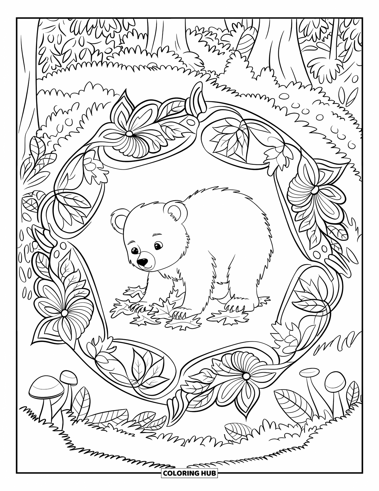 Baby Bear Coloring Page for Adults: Baby bear playing with leaves in a forest mandala of vines and flowers