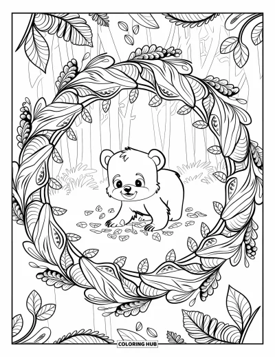 Bärenbaby-Ausmalbild für Erwachsene: Bärenbaby spielt mit Blättern in einem wirbelnden botanischen Mandala