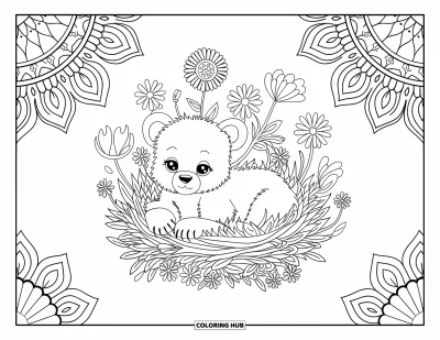 Bärenbaby-Ausmalbild für Erwachsene: Bärenbaby ruht im Klee, eingerahmt von Mandala-Mustern mit aufwendigen Details
